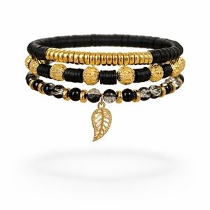 Gold & Black Layered Bead Bracelet Set with Leaf Charm